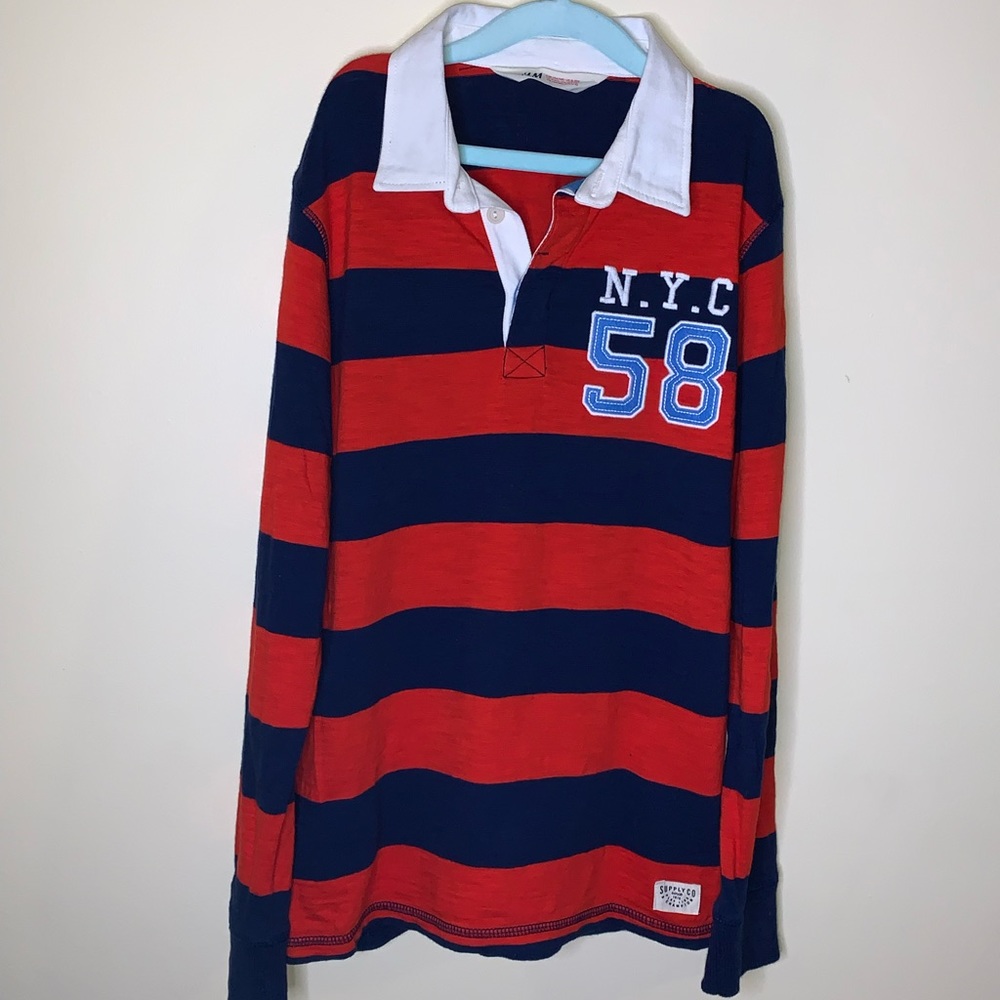 H&M RUGBY POLO JERSEY LONG-SLEEVE EMBROIDERY PATCH STRIPED SLUB SHIRT TOP 8-10
